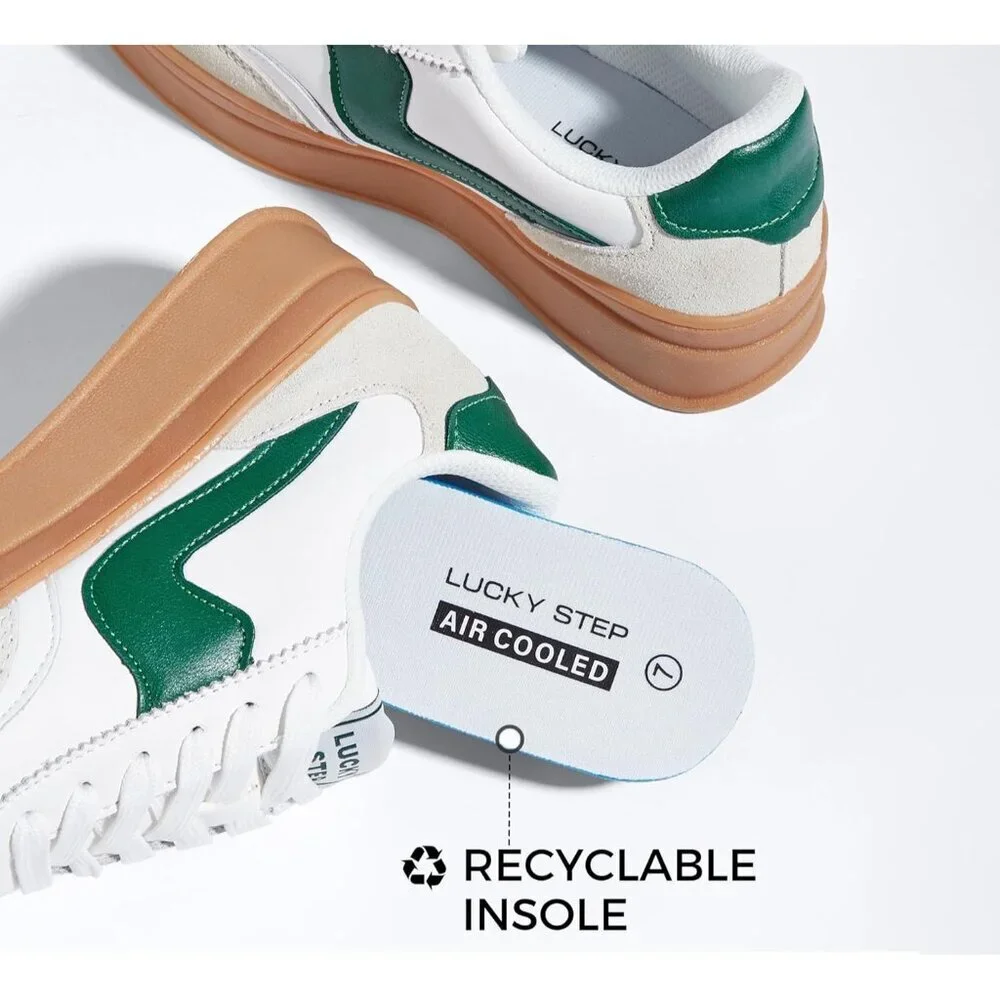 Women Platform WhiteGreen Sneaker Thick Sole Suede Leather Low Top Walking Shoes - Picture 3 of 9